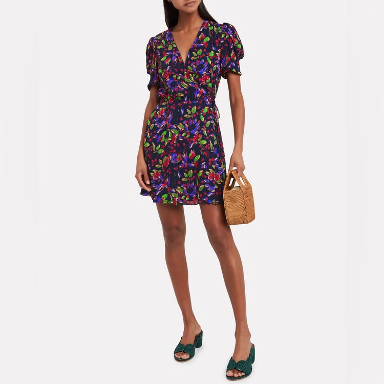 Saloni Lea Gathered Floral-Print Crepe De Chine Mini Wrap Dress, Size 0, Nwt